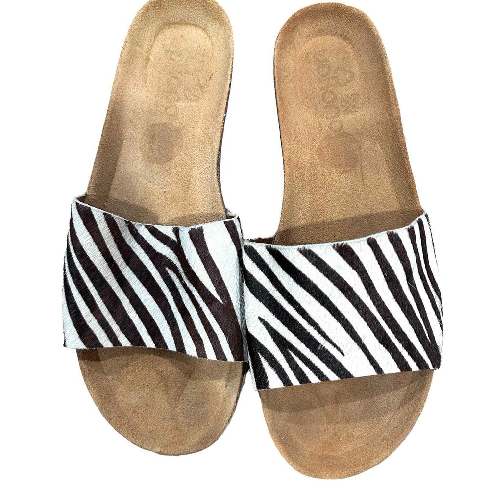 Yokono‎ Leather Zebra Slides Sandals Size 8 Indie Vacation Resort Comfort Brown